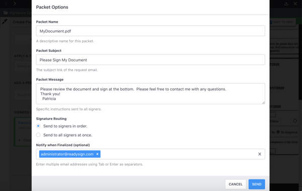 Click Send and Select Email Options Packet
